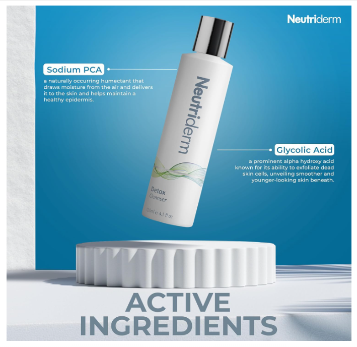 Neutriderm Detox Cleanser, 120 ml | 2% Glycolic Acid Face Wash with Sodium PCA